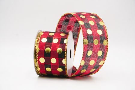 Black Plaid Gold Polka Dots Holiday Wired Ribbon_KF9782G-7