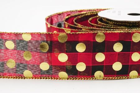 Black Plaid Gold Polka Dots Holiday Wired Ribbon_KF9782G-7