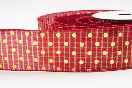 Red - Plaid Gold Polka Dots Holiday Wired Ribbon_KF9783GC-7G-7
