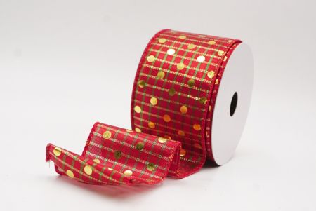 Red - Plaid Gold Polka Dots Holiday Wired Ribbon_KF9783GC-7G-7