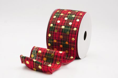 Red Green - Plaid Gold Polka Dots Holiday Wired Ribbon_KF9784GC-7-7