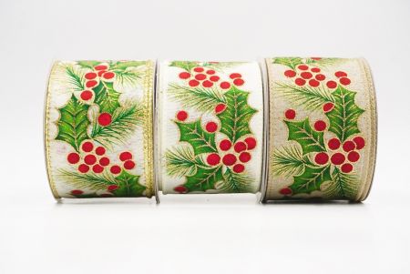 Christmas Holly Leaves & Berry Wired Ribbon - Christmas Holly Leaves & Berry Wired Ribbon