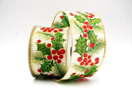 Кремовые листья и ягоды остролиста для рождественской ленты с проволокой_KF9795G-2