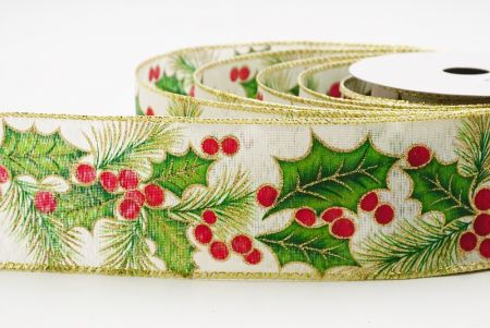 Кремовые листья и ягоды остролиста для рождественской ленты с проволокой_KF9795G-2