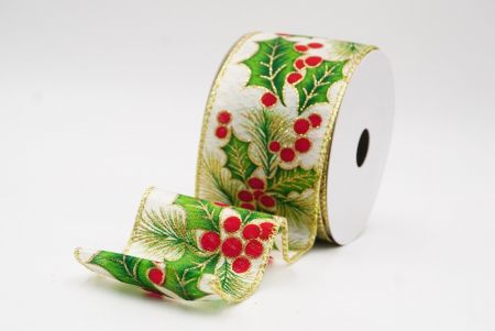 Кремовые листья и ягоды остролиста для рождественской ленты с проволокой_KF9795G-2