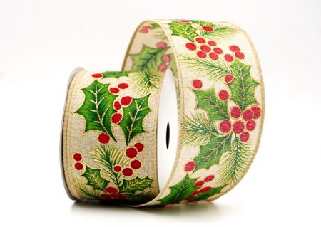 Светло-коричневые листья и ягоды остролиста для рождественской ленты с проволокой_KF9796GC-13-183