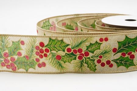 Светло-коричневые листья и ягоды остролиста для рождественской ленты с проволокой_KF9796GC-13-183