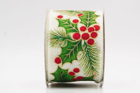 Кремовые белые листья и ягоды остролиста для рождественской ленты с проволокой_KF9796GC-2-2