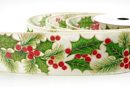 Кремовые белые листья и ягоды остролиста для рождественской ленты с проволокой_KF9796GC-2-2
