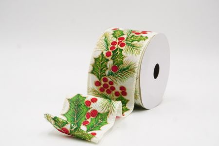 Кремовые белые листья и ягоды остролиста для рождественской ленты с проволокой_KF9796GC-2-2