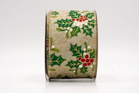 Khaki Wstążka z Motywem Ostrokrzewu i Jagód_KF9801GC-13-183