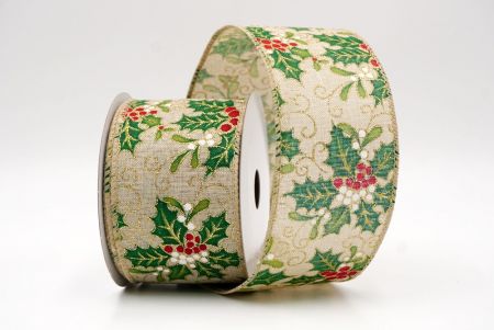 Khaki Wstążka z Motywem Ostrokrzewu i Jagód_KF9801GC-13-183