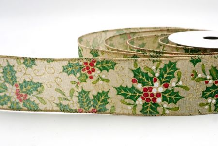 Khaki Wstążka z Motywem Ostrokrzewu i Jagód_KF9801GC-13-183
