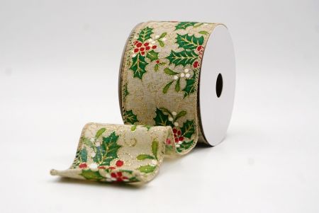 Khaki Wstążka z Motywem Ostrokrzewu i Jagód_KF9801GC-13-183