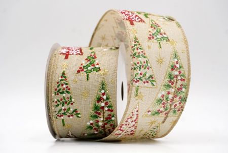 Khaki_Mixed Pattern Christmas Tree Wired Ribbon_KF9805GC-13-183