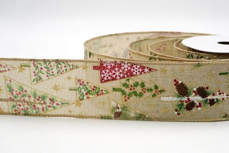Khaki_Mixed Pattern Christmas Tree Wired Ribbon_KF9805GC-13-183