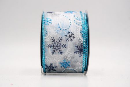 White/Teal Blue Sheer_Glitter Snowflake & Swirl Wired Ribbon_KF9819GT-1T