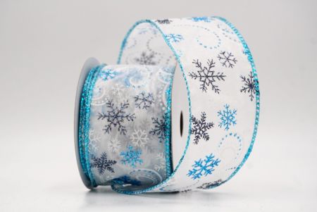 White/Teal Blue Sheer_Glitter Snowflake & Swirl Wired Ribbon_KF9819GT-1T