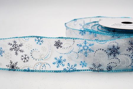 White/Teal Blue Sheer_Glitter Snowflake & Swirl Wired Ribbon_KF9819GT-1T