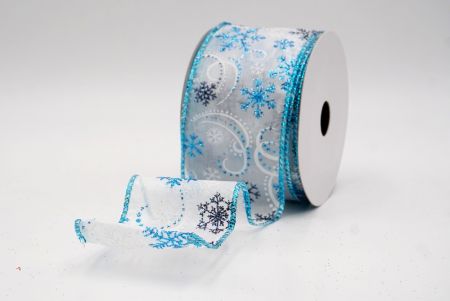 White/Teal Blue Sheer_Glitter Snowflake & Swirl Wired Ribbon_KF9819GT-1T