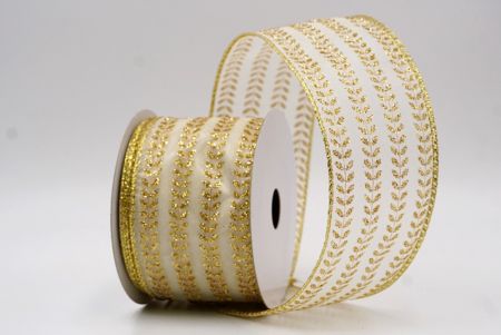 Kremowa elegancka wstążka z metalicznym haftem liściowym_KF9821G-2