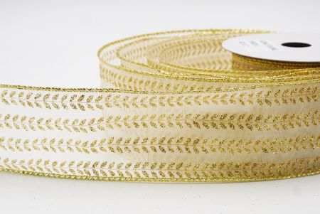 Kremowa elegancka wstążka z metalicznym haftem liściowym_KF9821G-2