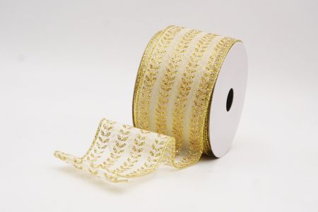 Kremowa elegancka wstążka z metalicznym haftem liściowym_KF9821G-2