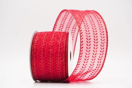 Czerwona elegancka wstążka metaliczna z haftem liściowym na Boże Narodzenie_KF9821GR-7