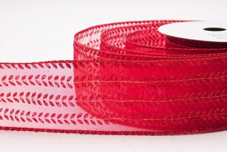 Czerwona elegancka wstążka metaliczna z haftem liściowym na Boże Narodzenie_KF9821GR-7