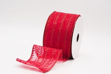 Czerwona elegancka wstążka metaliczna z haftem liściowym na Boże Narodzenie_KF9821GR-7