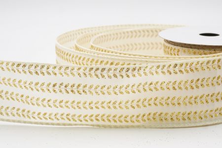 Kremowa - gładka tkanina elegancka wstążka metaliczna z haftem liściowym na Boże Narodzenie_KF9822GC-2-2