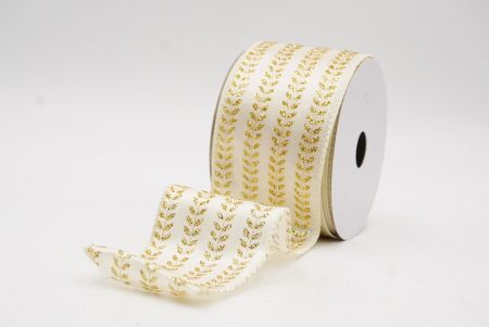 Kremowa - gładka tkanina elegancka wstążka metaliczna z haftem liściowym na Boże Narodzenie_KF9822GC-2-2