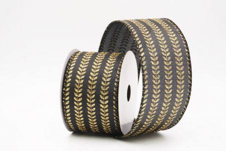 Czarna elegancka wstążka metaliczna z haftem liściowym na Boże Narodzenie_KF9822GC-53-53