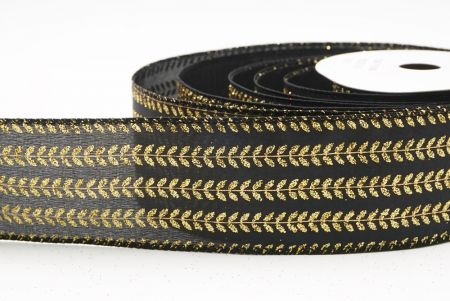 Czarna elegancka wstążka metaliczna z haftem liściowym na Boże Narodzenie_KF9822GC-53-53