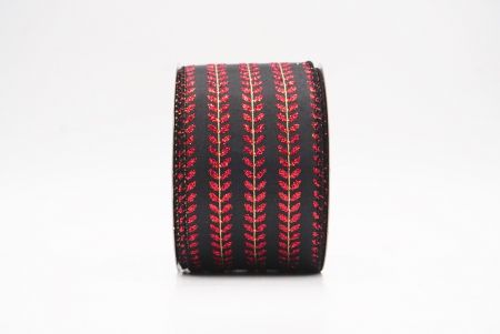 Czarna - Czerwona elegancka wstążka metaliczna z haftem liściowym na Boże Narodzenie_KF9822GC-53R-53