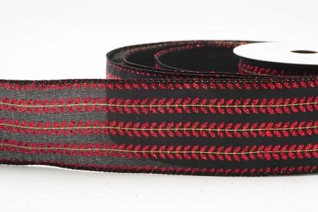 Czarna - Czerwona elegancka wstążka metaliczna z haftem liściowym na Boże Narodzenie_KF9822GC-53R-53