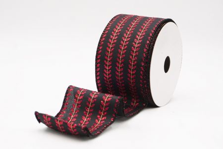 Czarna - Czerwona elegancka wstążka metaliczna z haftem liściowym na Boże Narodzenie_KF9822GC-53R-53