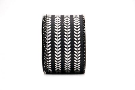 Czarna - Biała elegancka wstążka metaliczna z haftem liściowym na Boże Narodzenie_KF9823GC-53-53