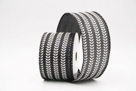 Czarna - Biała elegancka wstążka metaliczna z haftem liściowym na Boże Narodzenie_KF9823GC-53-53