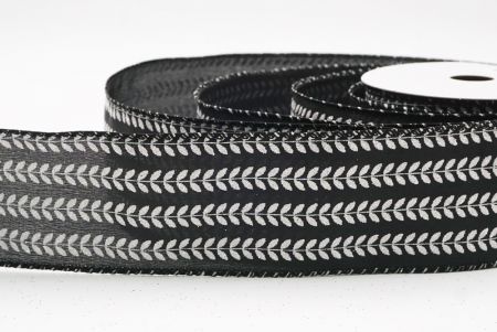 Czarna - Biała elegancka wstążka metaliczna z haftem liściowym na Boże Narodzenie_KF9823GC-53-53