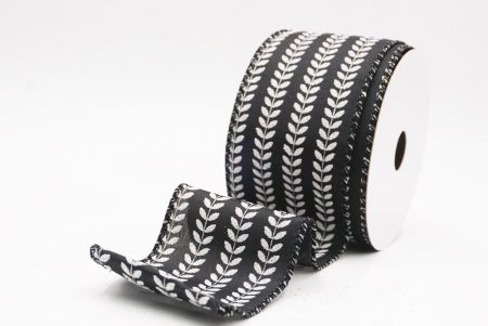 Czarna - Biała elegancka wstążka metaliczna z haftem liściowym na Boże Narodzenie_KF9823GC-53-53