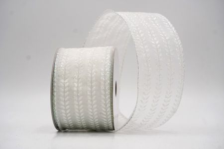 Biała - przezroczysta elegancka wstążka metaliczna z haftem liściowym na Boże Narodzenie_KF9824GN-1