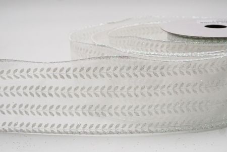 Biała - przezroczysta elegancka wstążka metaliczna z haftem liściowym na Boże Narodzenie_KF9824GN-1