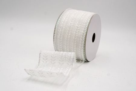 Biała - przezroczysta elegancka wstążka metaliczna z haftem liściowym na Boże Narodzenie_KF9824GN-1