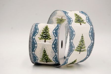 Cream - Blue Rustic Christmas Tree Glitter Wired Ribbon_KF9826G-2
