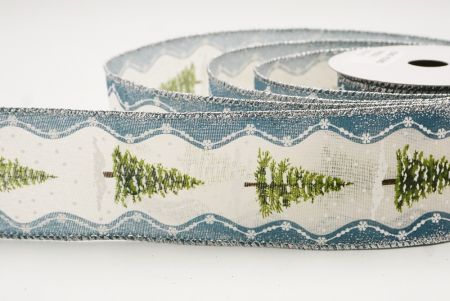 Cream - Blue Rustic Christmas Tree Glitter Wired Ribbon_KF9826G-2