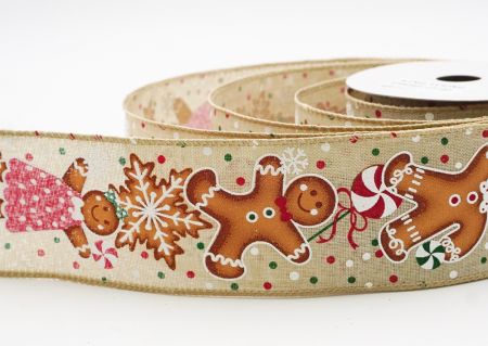 लाइट ब्राउन नटक्रैकर सैनिक और अदरक ब्रेड क्रिसमस वायर्ड रिबन_KF9828GC-13-183