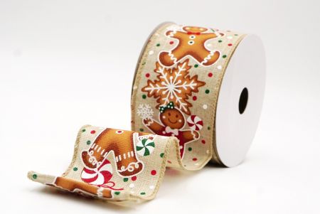 लाइट ब्राउन नटक्रैकर सैनिक और अदरक ब्रेड क्रिसमस वायर्ड रिबन_KF9828GC-13-183