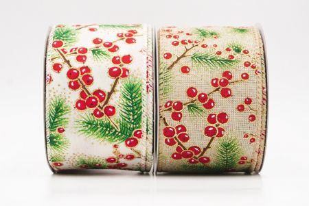 Christmas Pine Branch & Red Berry Wired Ribbon - Christmas Pine Branch & Red Berry Wired Ribbon