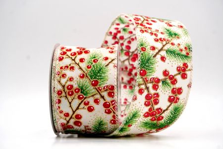 Kremowa wstążka z gałązką sosny i czerwonymi jagodami_KF9833GC-2-2